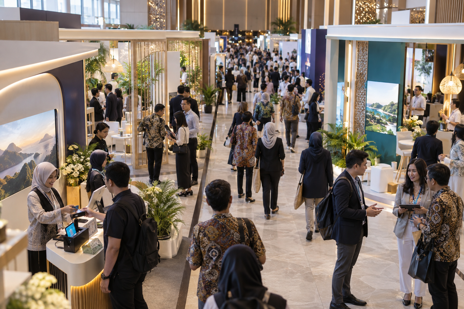 Pameran bisnis dengan booth tertata dan pengunjung yang aktif