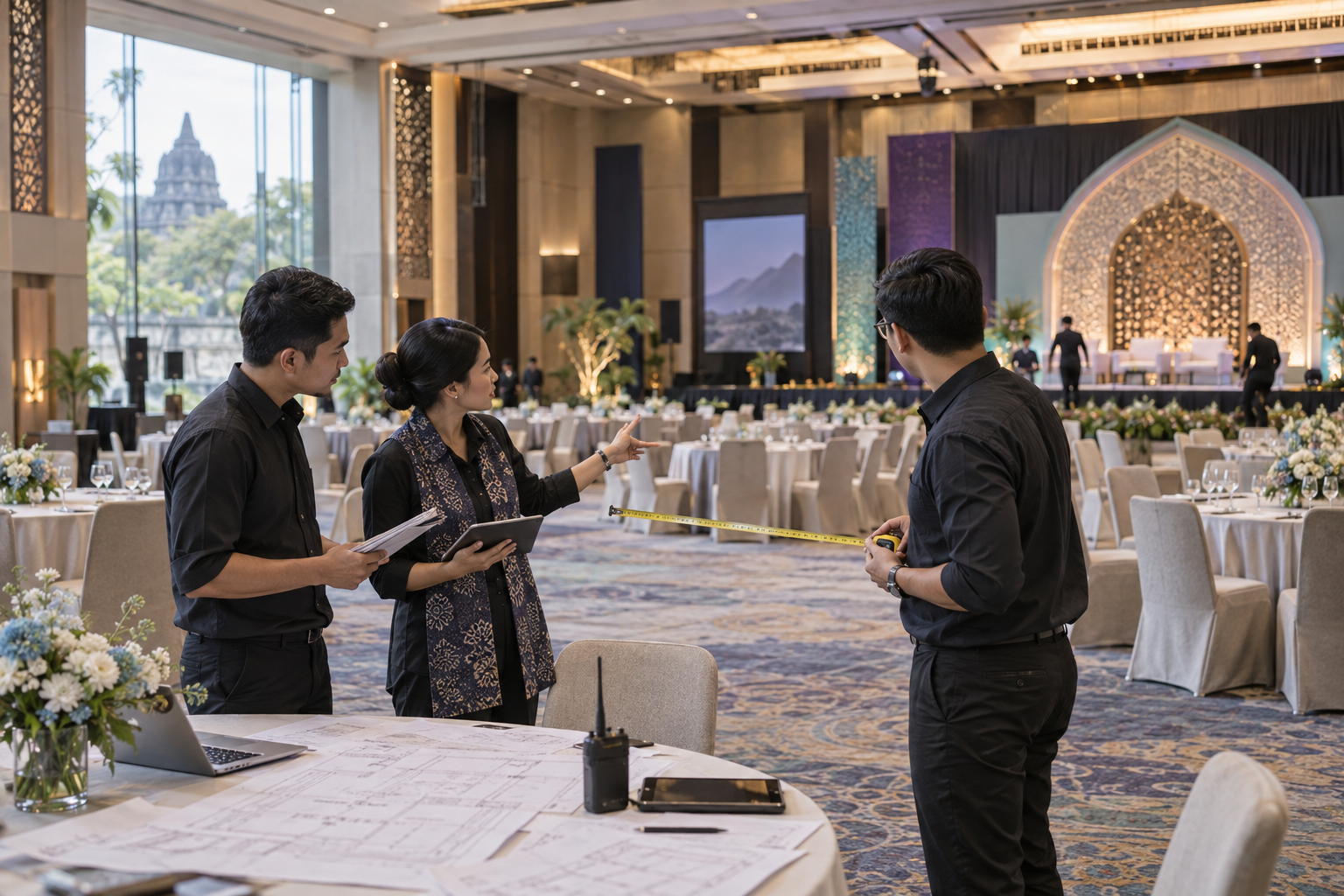 Penyelenggara meninjau venue event modern sebelum acara