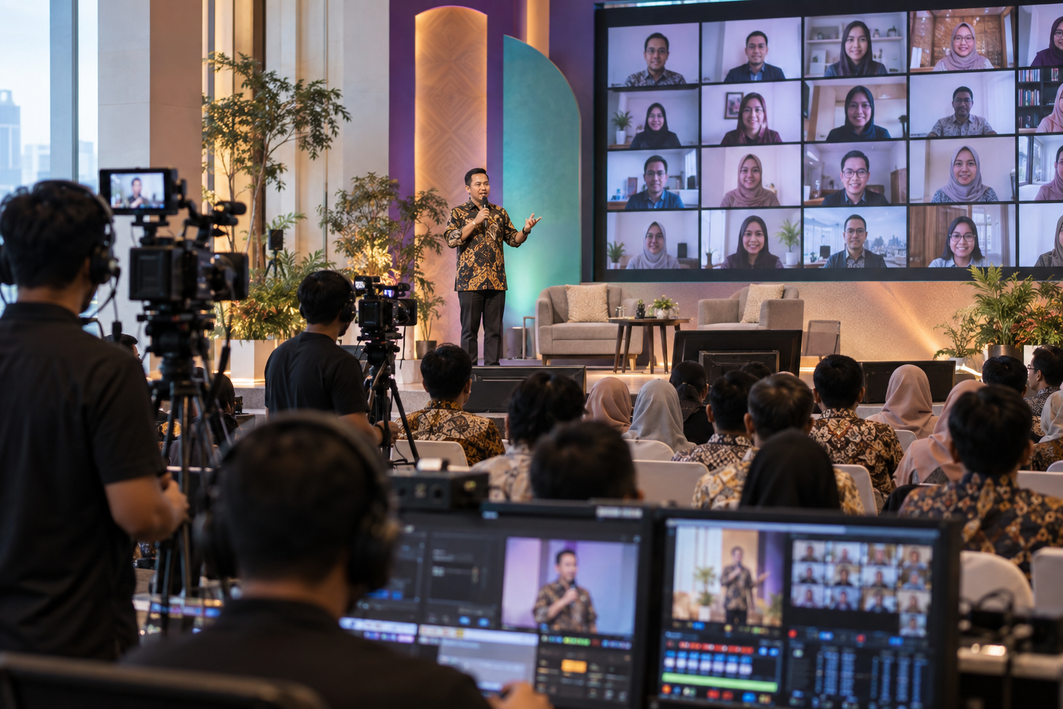 Panggung hybrid event dengan audiens di venue dan layar peserta online