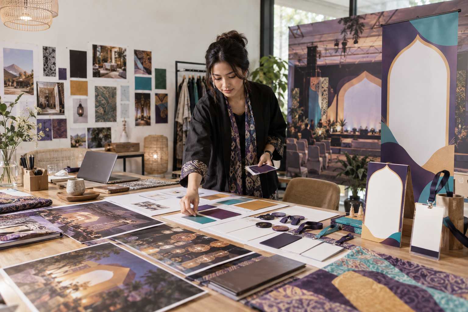 Sistem visual branding event dengan warna ungu dan turkis di venue