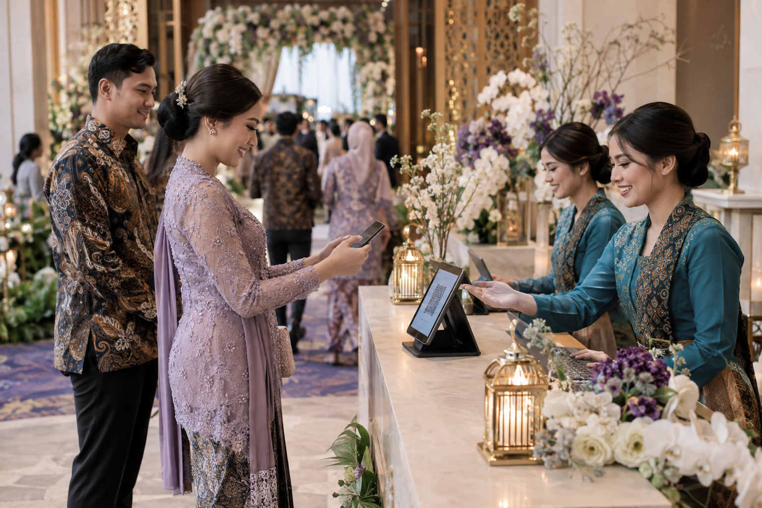 Tamu pernikahan melakukan registrasi digital di meja penyambutan