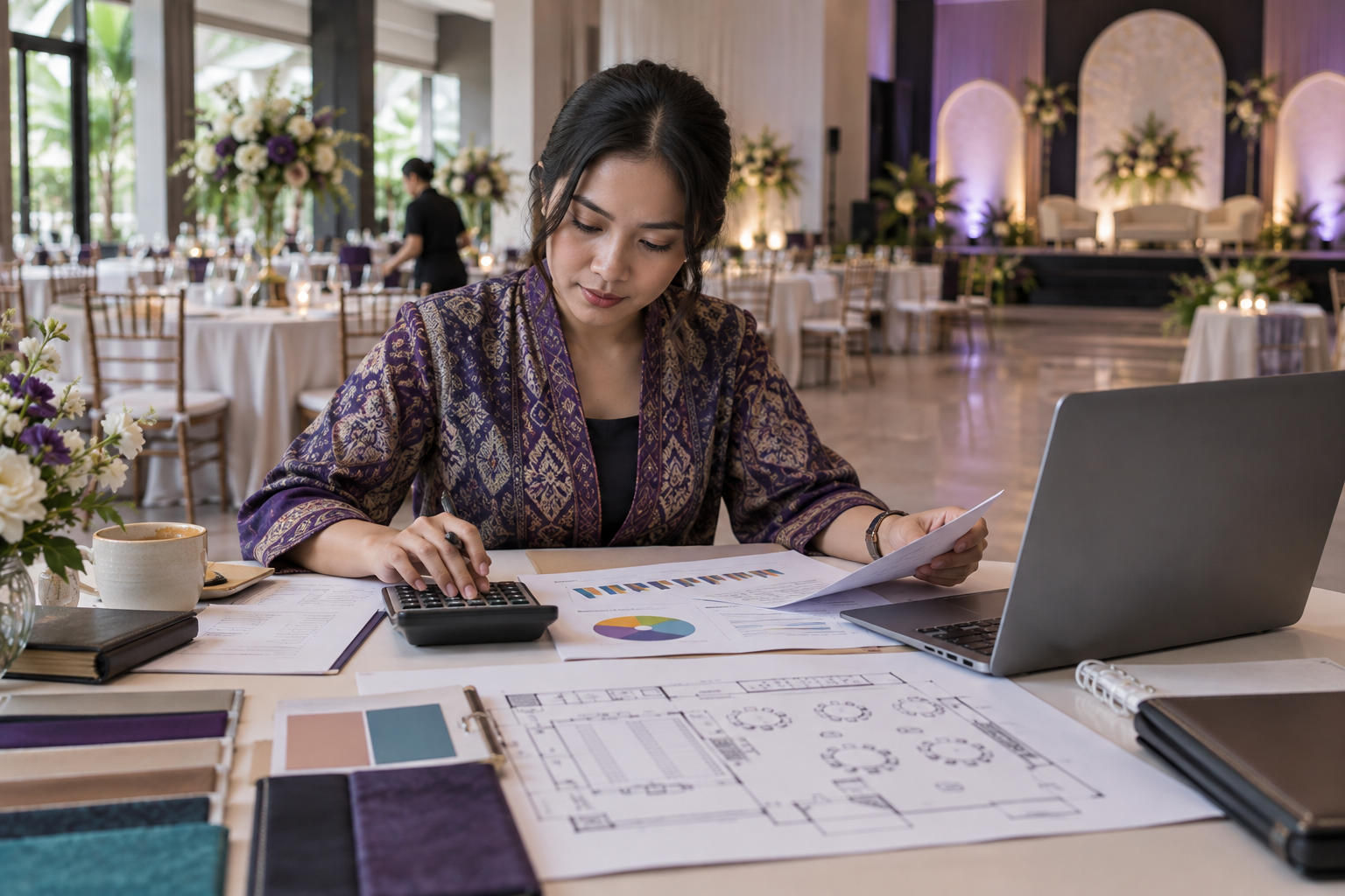 Laptop dan lembar anggaran event di meja tim penyelenggara