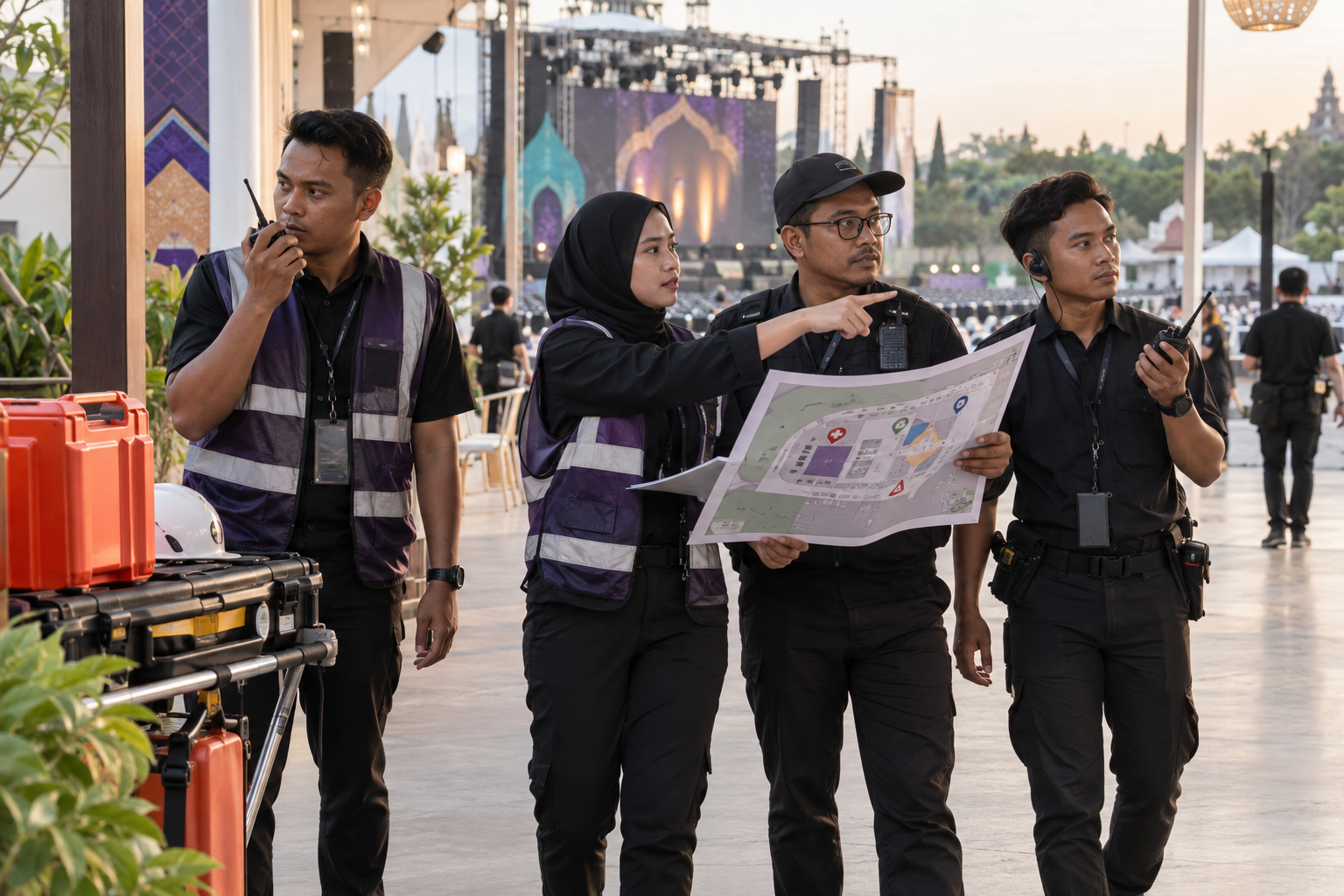 Tim keamanan dan organizer memeriksa rencana risiko event