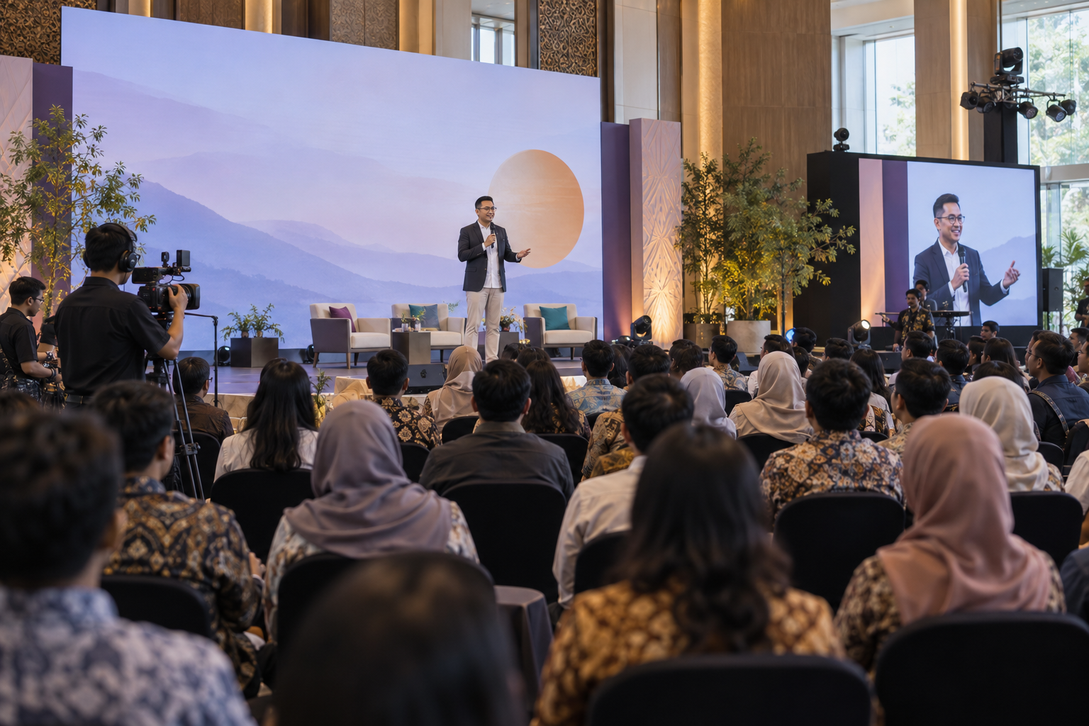 Corporate event profesional dengan panggung dan audiens bisnis